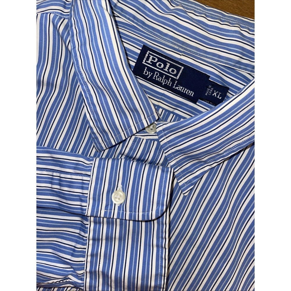 Polo Ralph Lauren Shirt Men XL Blue‎ Stripe Button Up Pocket Long Sleeve